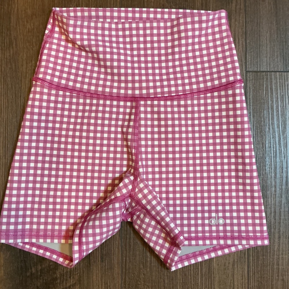 Alo Yoga Gingham High Waist Biker Shorts Pink White Checkered XXS Activewear
